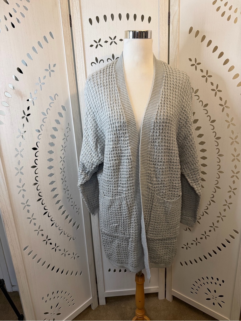Light Gray Open-Front Waffle Knit Cardigan Sweater